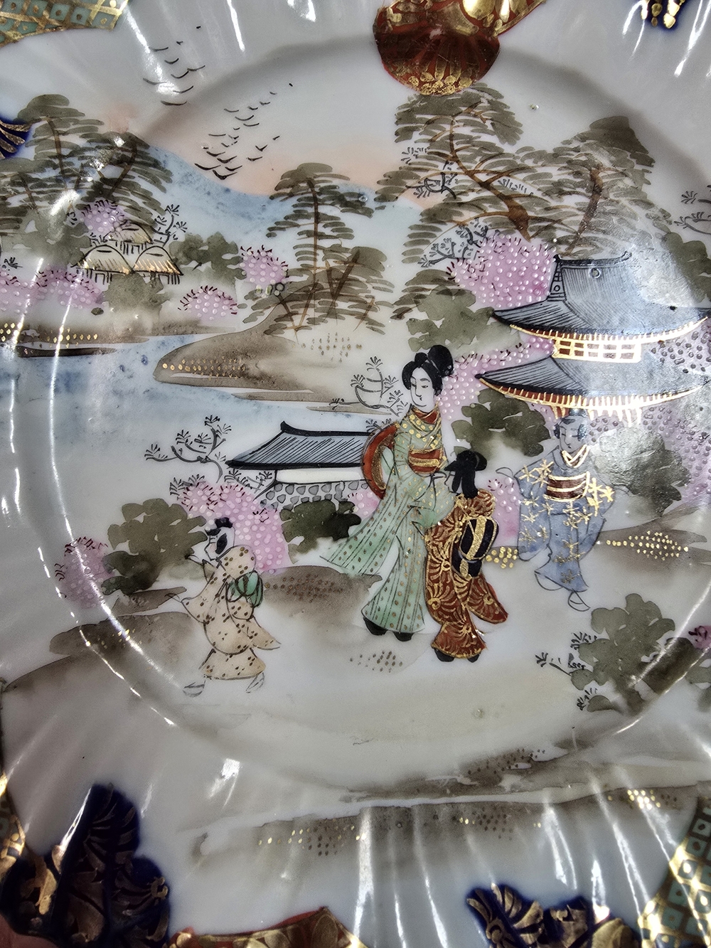 Antique Hand-Painted Asian Scene Decorative Porcelain Plate - Pastel & Gold